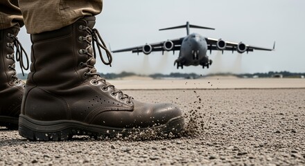 Military Boots and Airplane Taking Off