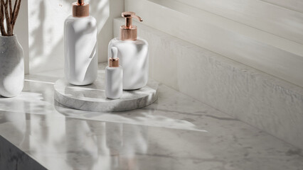Elegant 3D render of cosmetic bottles with a marble base and natural lighting, perfect for showcasing skincare or beauty product branding. Premium photo 3d render.