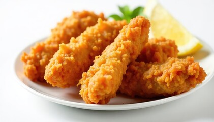 Close-up of crispy fried chicken strips on white , close up, macro