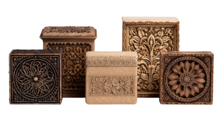 Handcrafted Wooden Storage Boxes: A flat lay of handcrafted wooden storage boxes with intricate carvings, isolated on a Transparent background, PNG file.