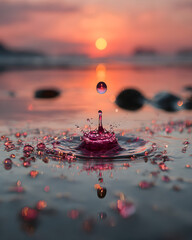 Sunset reflection of pink drop on calm water surface,
