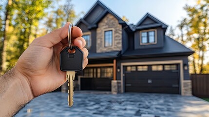 Hand Holding House Keys in Front of New Home Symbolizing Real Estate, Ownership, and Moving In