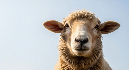 A curious sheep looks directly into the camera in a low-angle close-up shot against a clear sky.