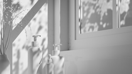 Elegant 3D render of cosmetic bottles with a marble base and natural lighting, perfect for showcasing skincare or beauty product branding. Premium photo 3d render.