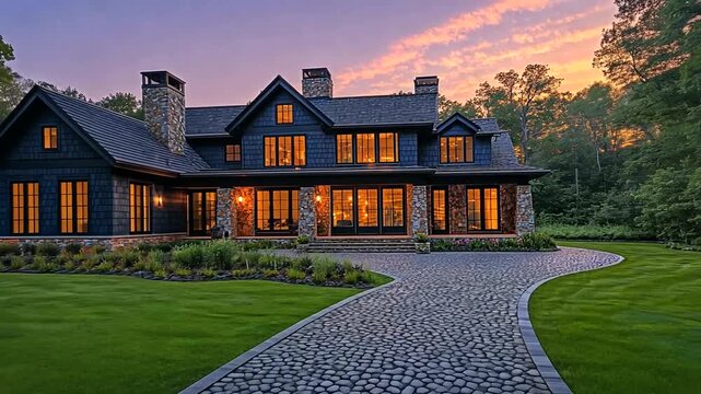 Luxury Estate Home with Manicured Lawn at Sunset, an example of suburban living