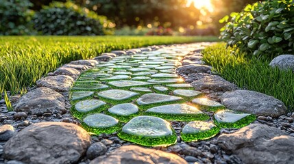 Serene Garden Path: A Tranquil Green Glass Stone Walkway at Sunset