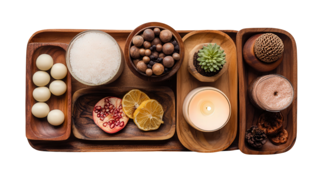Handcrafted Wooden Trays: A flat lay of handcrafted wooden trays with decorative items like candles and fruit, isolated on a Transparent background, PNG file.