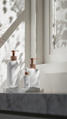 Elegant 3D render of cosmetic bottles with a marble base and natural lighting, perfect for showcasing skincare or beauty product branding. Premium photo 3d render.