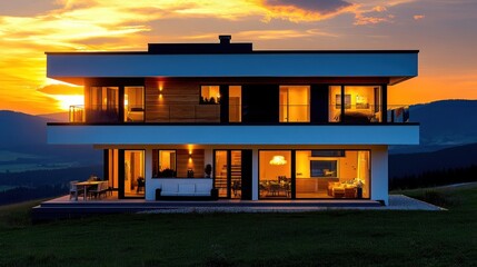 Luxury Modern House at Sunset on Mountaintop