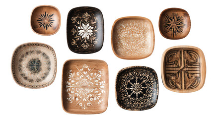 Handcrafted Wooden Trays: A flat lay of handcrafted wooden trays with elegant designs, isolated on a Transparent background, PNG file.