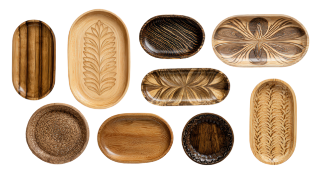 Handcrafted Wooden Trays: A flat lay of handcrafted wooden trays with elegant designs, isolated on a Transparent background, PNG file.
