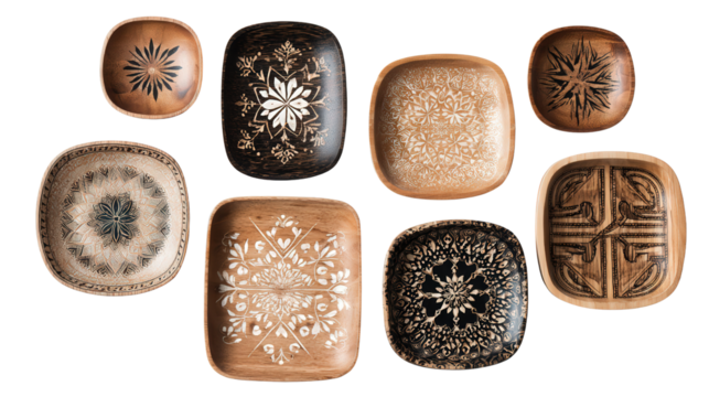 Handcrafted Wooden Trays: A flat lay of handcrafted wooden trays with elegant designs, isolated on a Transparent background, PNG file.