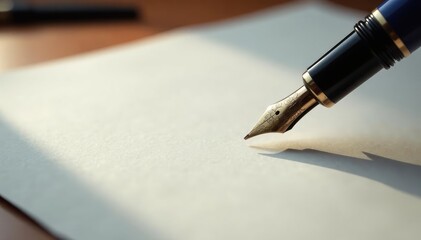 Elegant fountain pen poised above blank paper , white, details
