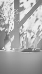 Elegant 3D render of cosmetic bottles with a marble base and natural lighting, perfect for showcasing skincare or beauty product branding. Premium photo 3d render.