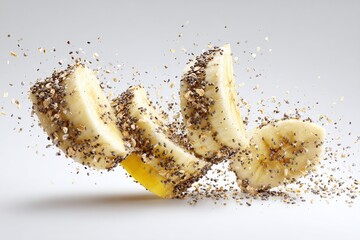 Healthy banana slices covered in chia seeds and oats dynamically falling