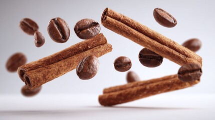 Dynamic Falling Coffee Beans and Cinnamon Sticks on White Background