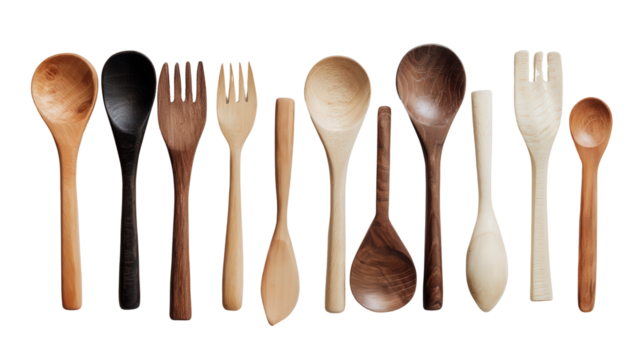 Handcrafted Wooden Utensils: A flat lay of handcrafted wooden utensils like spoons, forks, and spatulas, isolated on a Transparent background, PNG file. - Powered by Adobe
