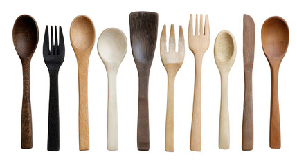 Handcrafted Wooden Utensils: A flat lay of handcrafted wooden utensils like spoons, forks, and spatulas, isolated on a Transparent background, PNG file.