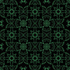 Emerald Green Geometric Floral Seamless Pattern on Black Background – Elegant Vector Design for Wallpaper, Tiles, and Fabric