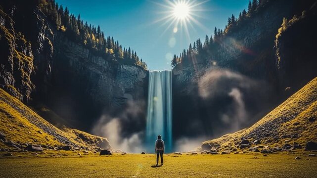 Hiker Admiring Majestic Waterfall in Sunny Valley