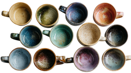 Handmade Ceramic Mugs: A flat lay of handmade ceramic mugs with unique glazes, isolated on a Transparent background, PNG file.