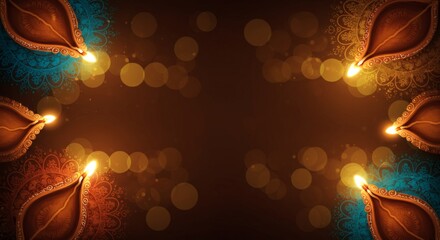 Beautiful Diwali Illustration with Glowing Diyas on Colorful Rangoli – Top-Down Festive Composition with Golden Bokeh Lights and Warm Celebration Atmosphere

