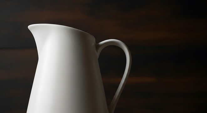 Elegant white pitcher against a dark wooden backdrop in a studio setting