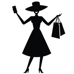Stylized silhouette woman wide brimmed hat shopping