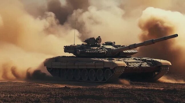Tank in Battle: Powerful Military Machine Amidst Dust and Smoke