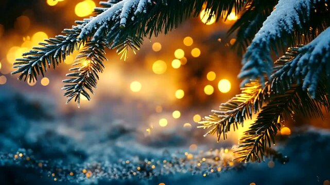 Magical winter scene featuring snow-covered pine branch and bokeh lights background