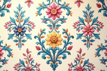 Intricate floral damask pattern in soft pastel hues, backdrop, surface, blossom