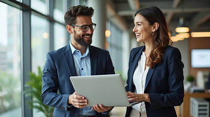 Team of Two Business Executives Discussing Work Together Using Laptop in Office Setting
