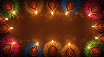 Beautiful Diwali Illustration with Glowing Diyas on Colorful Rangoli – Top-Down Festive Composition with Golden Bokeh Lights and Warm Celebration Atmosphere

