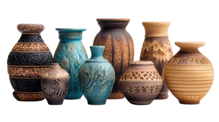 Handmade Pottery Vases: A flat lay of handmade pottery vases with intricate designs, isolated on a Transparent background, PNG file.