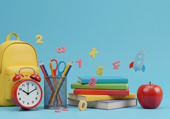 back-to-school essentials. Back to school. Yellow backpack with books and school stuff on blue background 3D Rendering, A yellow backpack stands next to a red alarm clock. 3D Illustration, wallpaper,
