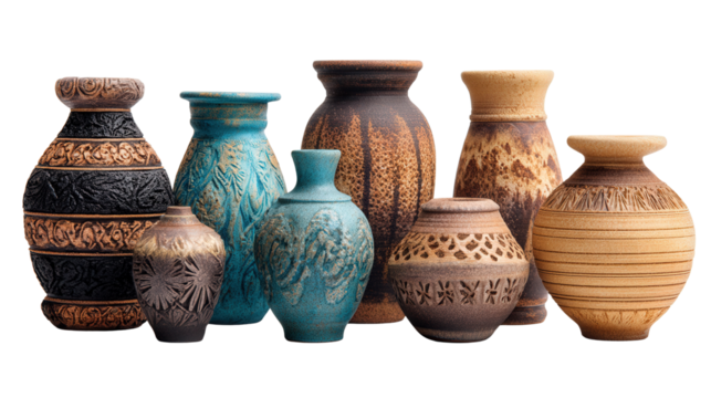 Handmade Pottery Vases: A flat lay of handmade pottery vases with intricate designs, isolated on a Transparent background, PNG file.