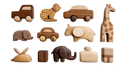 Handmade Wood Toys: A flat lay of handmade wooden toys like cars, animals, and blocks, isolated on a Transparent background, PNG file.