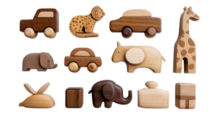 Handmade Wood Toys: A flat lay of handmade wooden toys like cars, animals, and blocks, isolated on a Transparent background, PNG file.