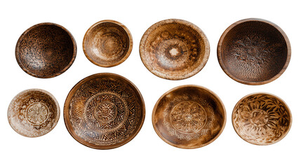 Handmade Wooden Bowls: A flat lay of handmade wooden bowls with intricate patterns, isolated on a Transparent background, PNG file.