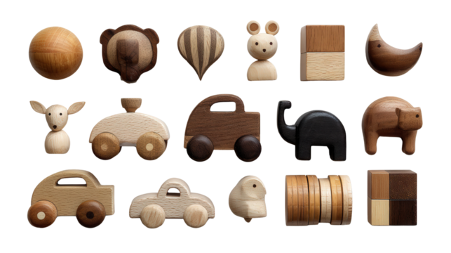 Handmade Wood Toys: A flat lay of handmade wooden toys like cars, animals, and blocks, isolated on a Transparent background, PNG file.
