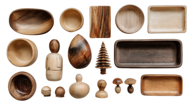 Handmade Wooden Crafts: A flat lay of handmade wooden crafts like bowls, trays, and figurines, isolated on a Transparent background, PNG file.