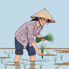 Smiling Woman Wearing Straw Hat Planting Rice in Water Field