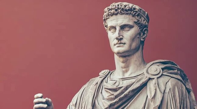 Ancient Roman Statue Gestures Nobly Against Bold Red Background Scene