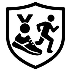 Medal shoe and runner icon in a crest with transparent background symbolizing athletic achievement and running competition
