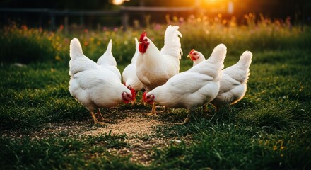Fototapeta premium White hens and rooster feeding in a meadow at sunset