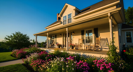 Inviting farmhouse exterior with rocking chairs on porch and vibrant flower garden