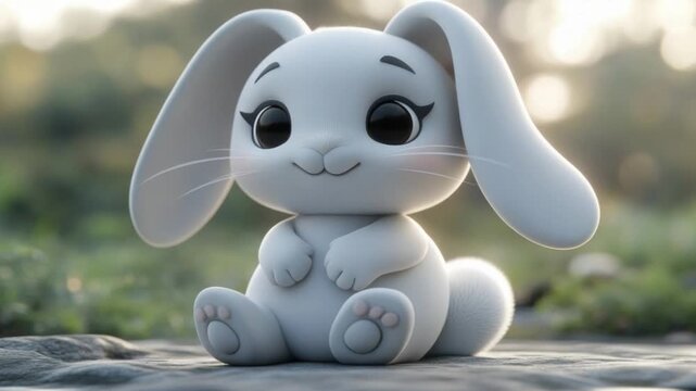 Smiling bunny with closed eyes sits on a rock with grass and blurred foliage