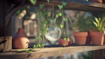 A suspended glass terrarium with trailing ivy and delicate aerial roots submerged in water, illuminated by dappled sunlight on a rustic wooden shelf.
