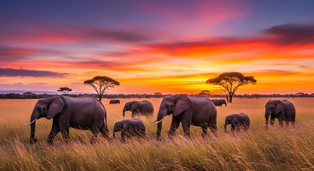 African Elephants at Sunset in Savannah