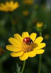 Red Ladybug on Yellow Flower Closeup